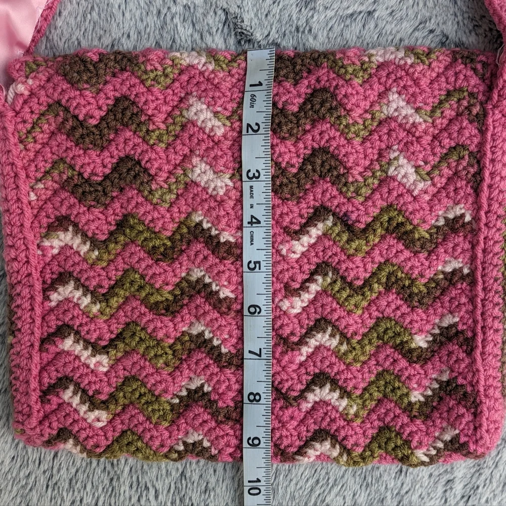 Handmade Crocheted Ripple Shoulder Bag Pink & Green‎
